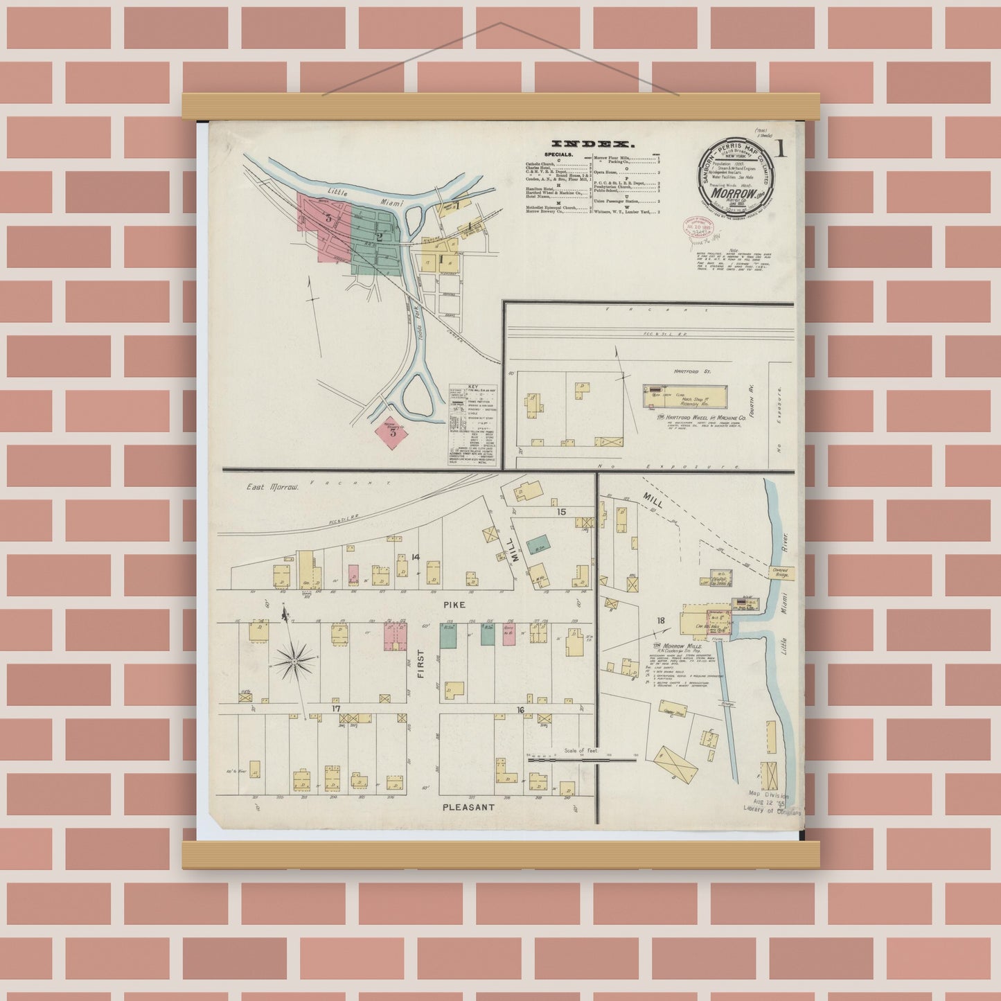 Old map wall art mockup — magnetic wood frame on brick wall — Sanborn Fire Insurance Map from Morrow, Warren County, Ohio (1895) - Complete Map Set