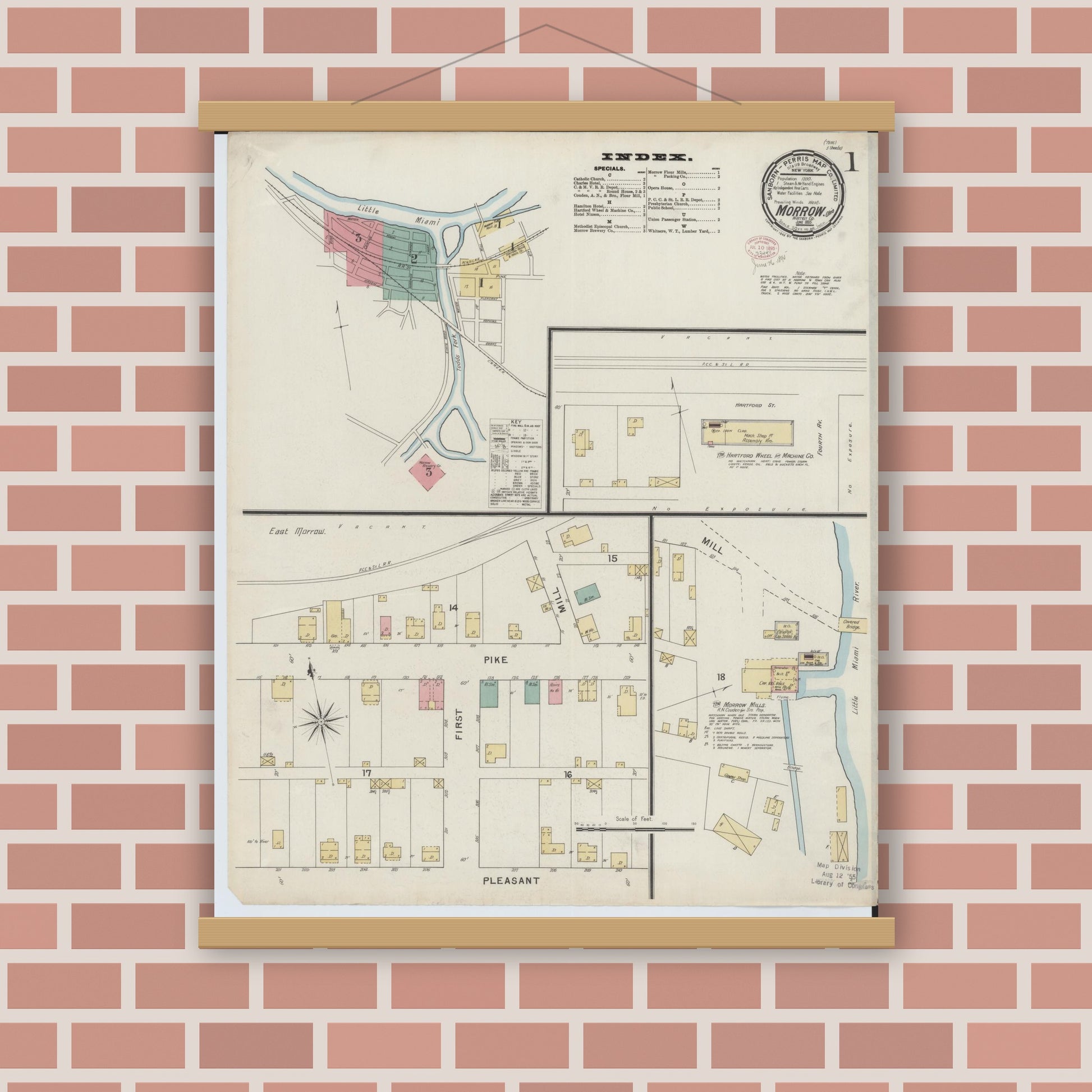 Old map wall art mockup — magnetic wood frame on brick wall — Sanborn Fire Insurance Map from Morrow, Warren County, Ohio (1895) - Complete Map Set