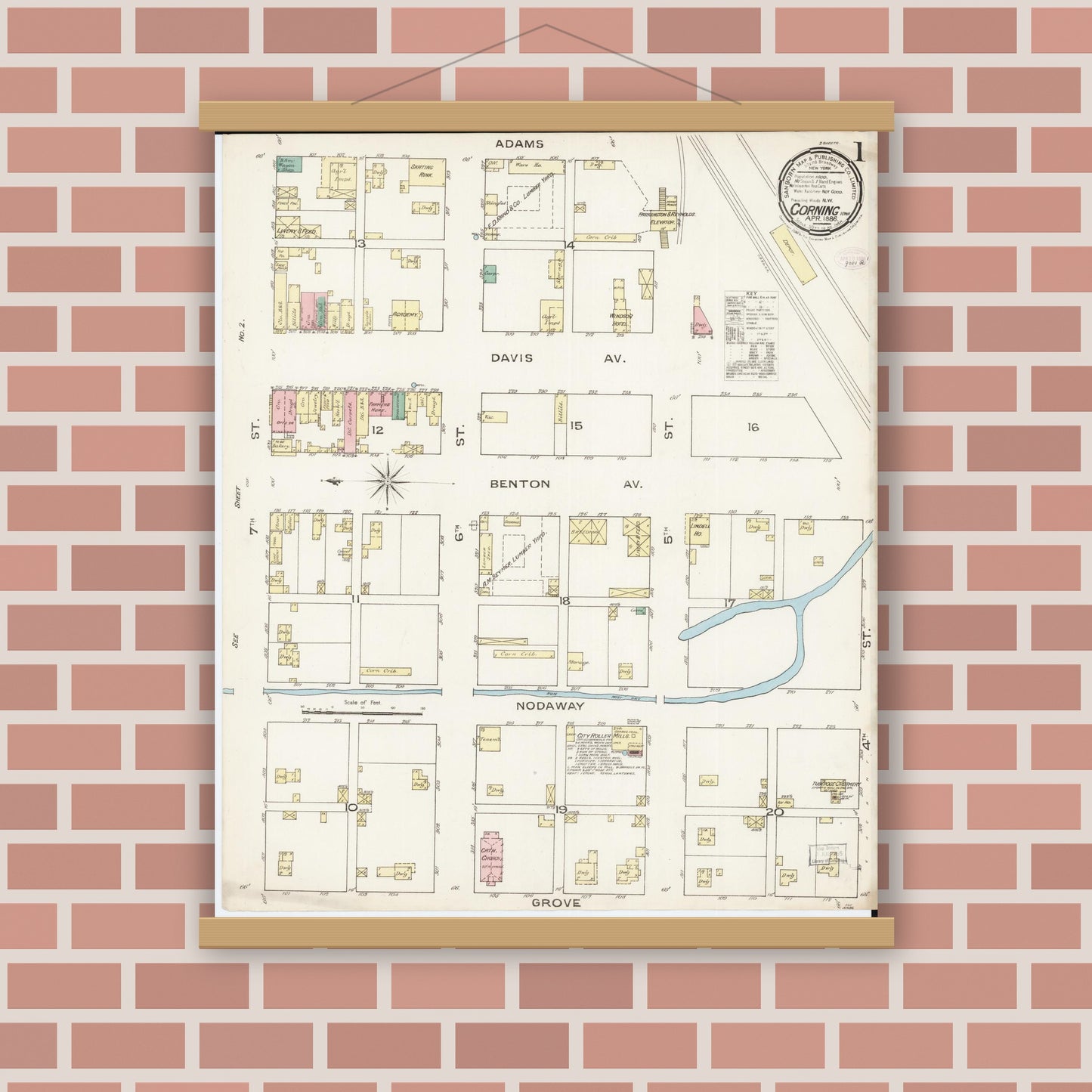 Old map wall art mockup — magnetic wood frame on brick wall — Sanborn Fire Insurance Map from Corning, Adams County, Iowa (1886) â€” Complete Set