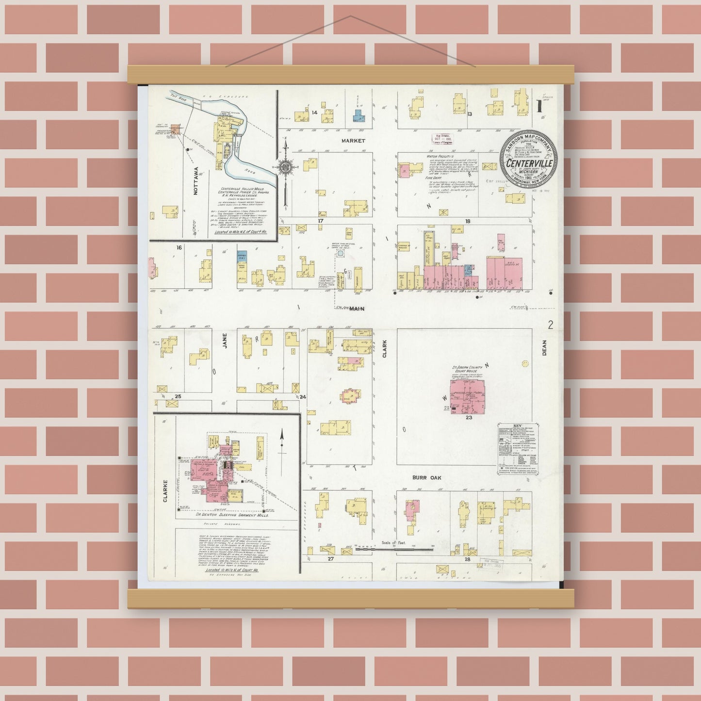 Old map wall art mockup — magnetic wood frame on brick wall — Sanborn Fire Insurance Map from Centreville, Saint Joseph County, Michigan (1911), Sheet #0001