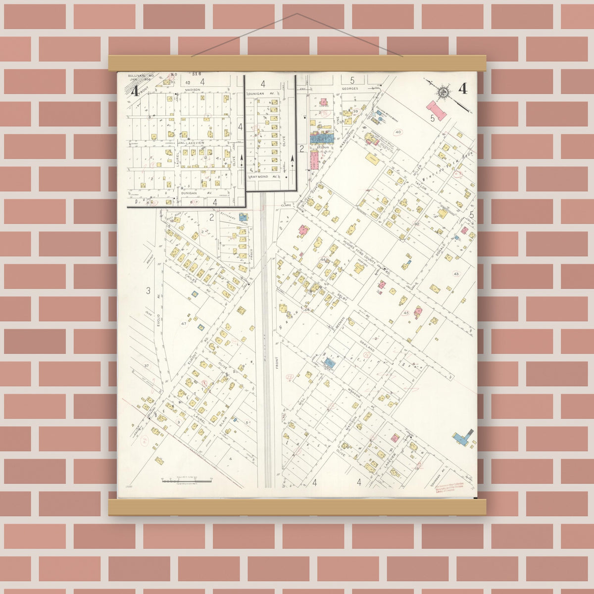 Old map wall art mockup — magnetic wood frame on brick wall — Sanborn Fire Insurance Map from Sullivan, Franklin County, Missouri (1936), Sheet #0004