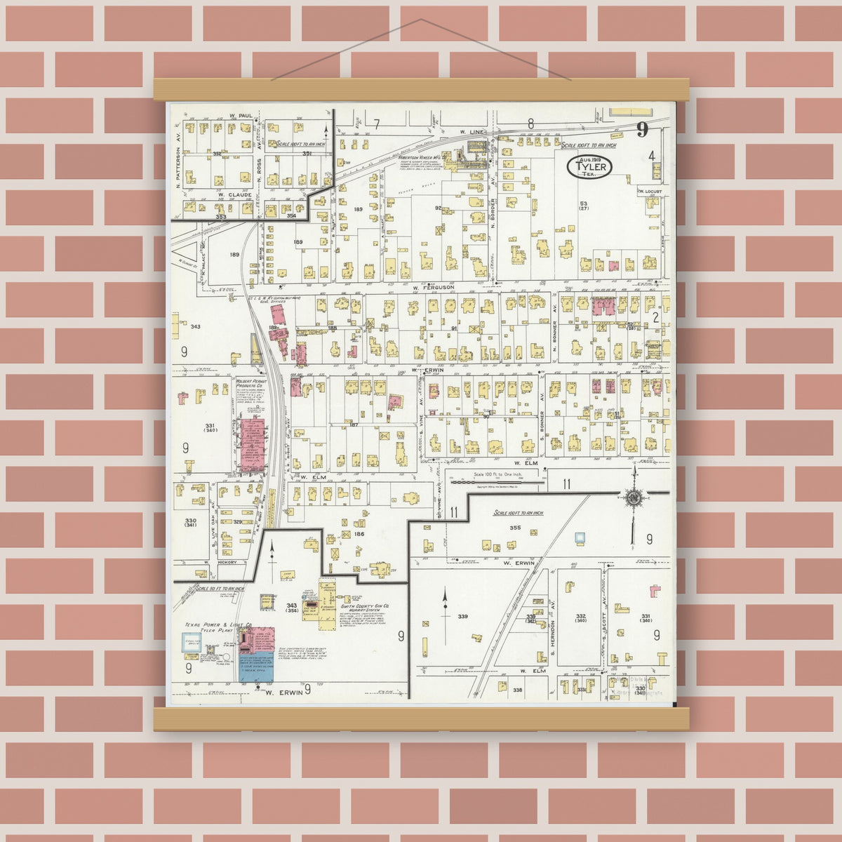 Old map wall art mockup — magnetic wood frame on brick wall — Sanborn Fire Insurance Map from Tyler, Smith County, Texas (1919), Sheet #0009