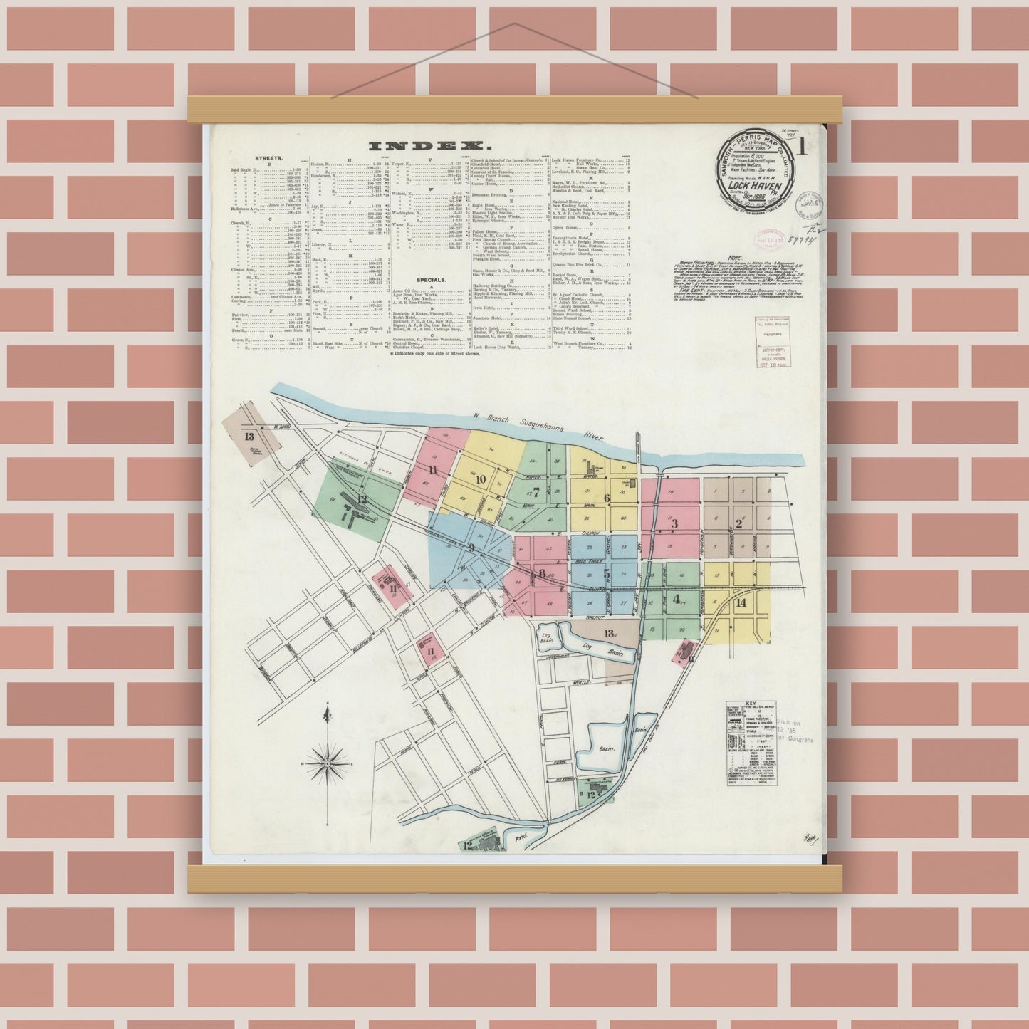 Old map wall art mockup — magnetic wood frame on brick wall — Sanborn Fire Insurance Map from Lock Haven, Clinton County, Pennsylvania (1896), Sheet #0001