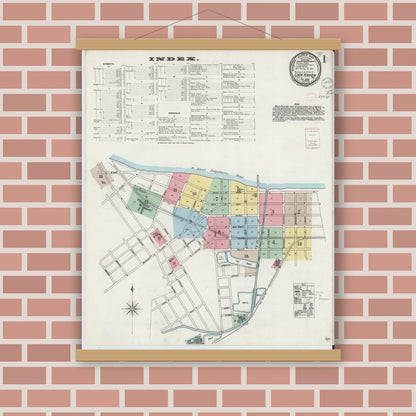 Old map wall art mockup — magnetic wood frame on brick wall — Sanborn Fire Insurance Map from Lock Haven, Clinton County, Pennsylvania (1896), Sheet #0001