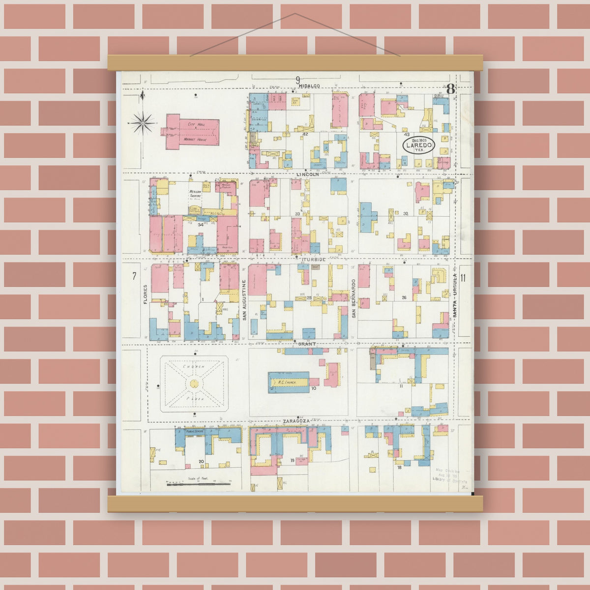 Old map wall art mockup — magnetic wood frame on brick wall — Sanborn Fire Insurance Map from Laredo, Webb County, Texas (1905), Sheet #0008