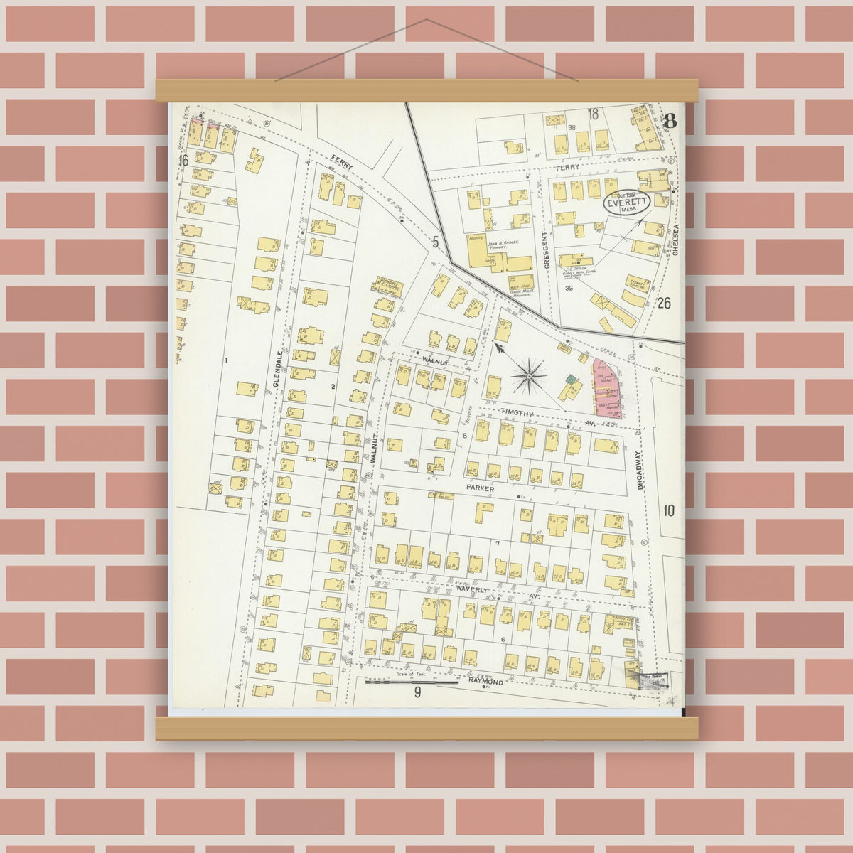 Old map wall art mockup — magnetic wood frame on brick wall — Sanborn Fire Insurance Map from Everett, Middlesex County, Massachusetts (1903), Sheet #0008
