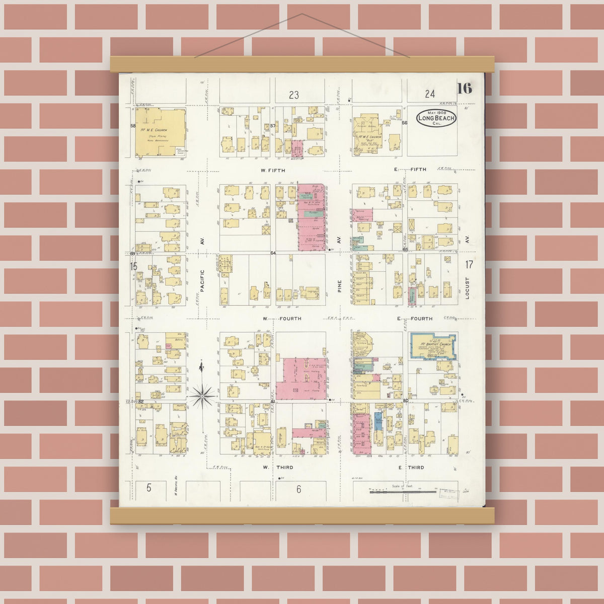 Old map wall art mockup — magnetic wood frame on brick wall — Sanborn Fire Insurance Map from Long Beach, Los Angeles County, California (1908), Sheet #0016