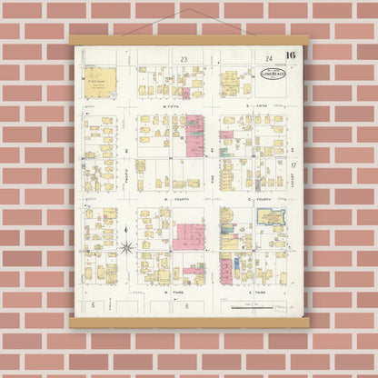 Old map wall art mockup — magnetic wood frame on brick wall — Sanborn Fire Insurance Map from Long Beach, Los Angeles County, California (1908), Sheet #0016
