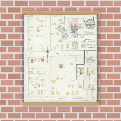 Old map wall art mockup — magnetic wood frame on brick wall — Sanborn Fire Insurance Map from Schoolcraft, Kalamazoo County, Michigan (1914), Sheet #0001