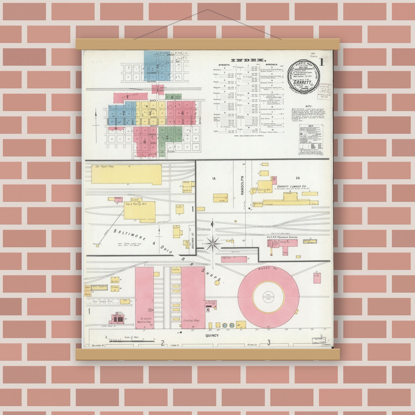 Old map wall art mockup — magnetic wood frame on brick wall — Sanborn Fire Insurance Map from Garrett, De Kalb County, Indiana (1901) - Complete Map Set