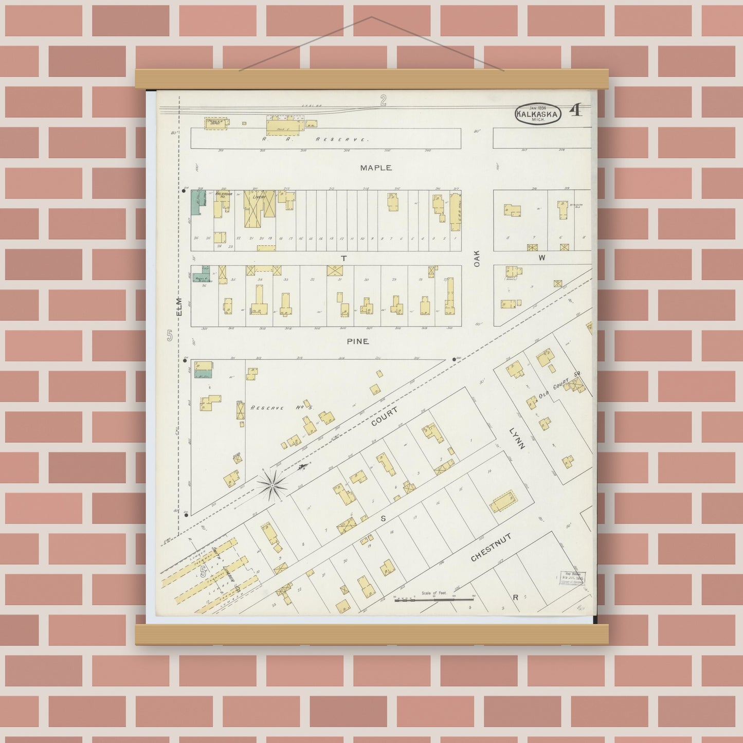 Old map wall art mockup — magnetic wood frame on brick wall — Sanborn Fire Insurance Map from Kalkaska, Kalkaska County, Michigan (1894), Sheet #0004