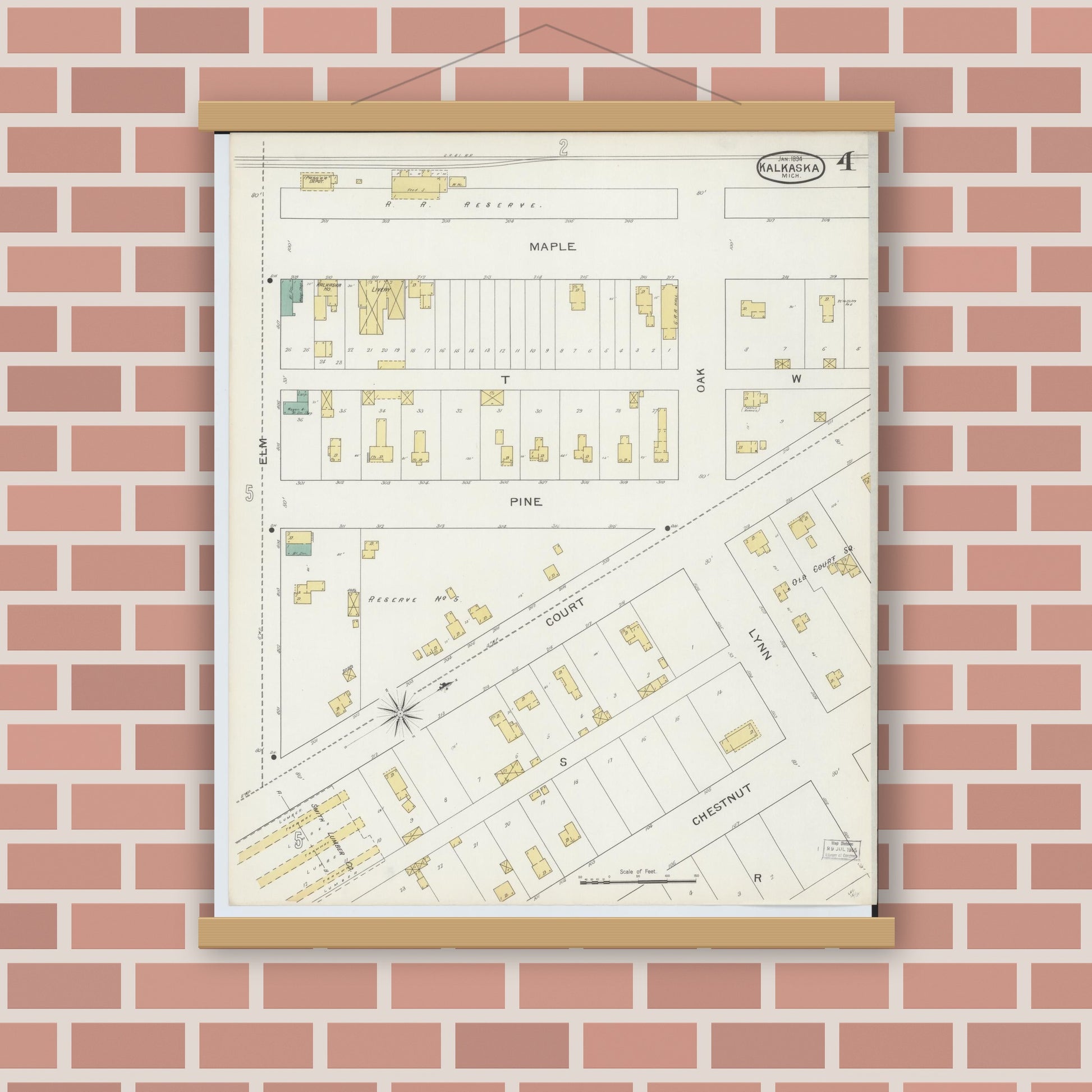 Old map wall art mockup — magnetic wood frame on brick wall — Sanborn Fire Insurance Map from Kalkaska, Kalkaska County, Michigan (1894), Sheet #0004