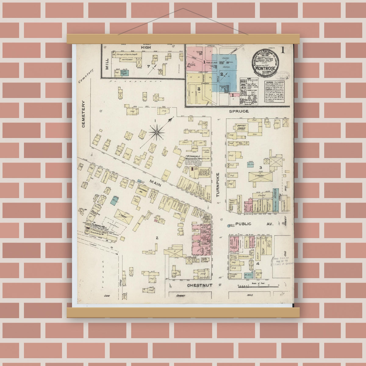 Old map wall art mockup — magnetic wood frame on brick wall — Sanborn Fire Insurance Map from Montrose, Susquehanna County, Pennsylvania (1884) - Complete Map Set