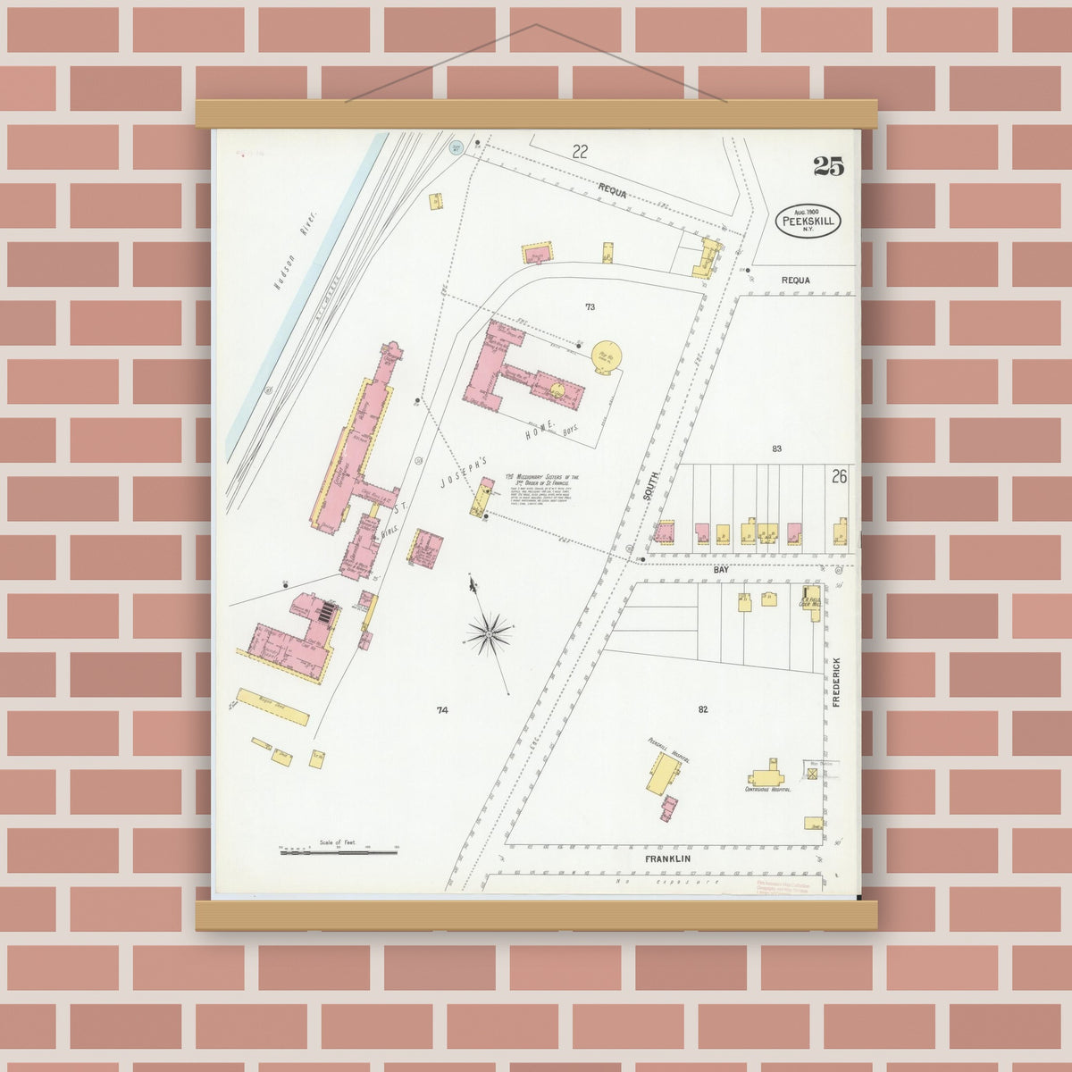 Old map wall art mockup — magnetic wood frame on brick wall — Sanborn Fire Insurance Map from Peekskill, Westchester County, New York (1900), Sheet #0025
