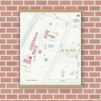 Old map wall art mockup — magnetic wood frame on brick wall — Sanborn Fire Insurance Map from Peekskill, Westchester County, New York (1900), Sheet #0025