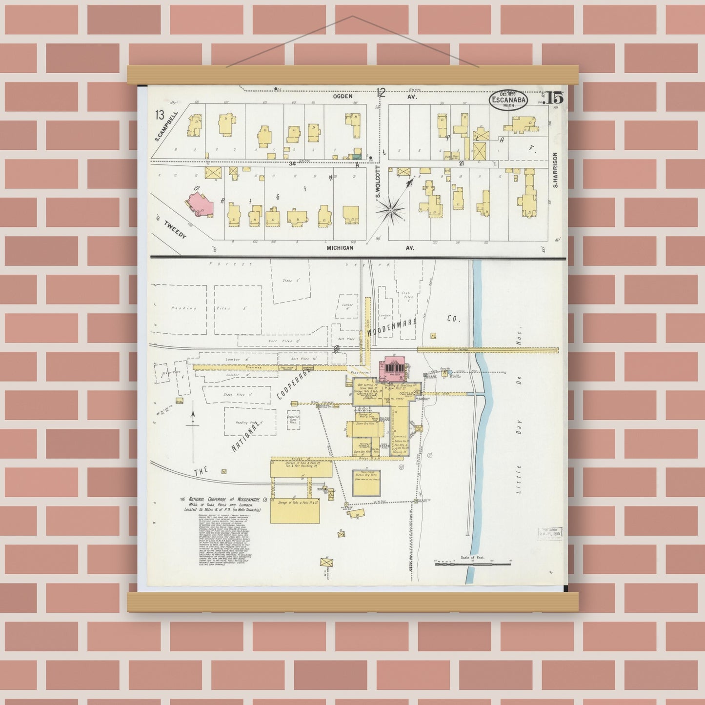 Old map wall art mockup — magnetic wood frame on brick wall — Sanborn Fire Insurance Map from Escanaba, Delta County, Michigan (1899), Sheet #0015