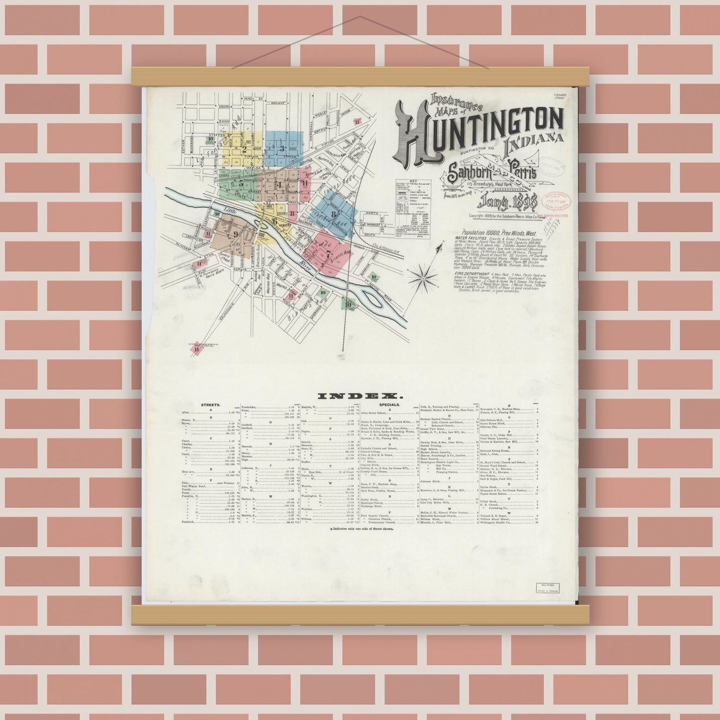 Old map wall art mockup — magnetic wood frame on brick wall — Sanborn Fire Insurance Map from Huntington, Huntington County, Indiana (1898), Sheet #0001