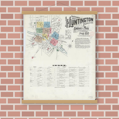 Old map wall art mockup — magnetic wood frame on brick wall — Sanborn Fire Insurance Map from Huntington, Huntington County, Indiana (1898), Sheet #0001