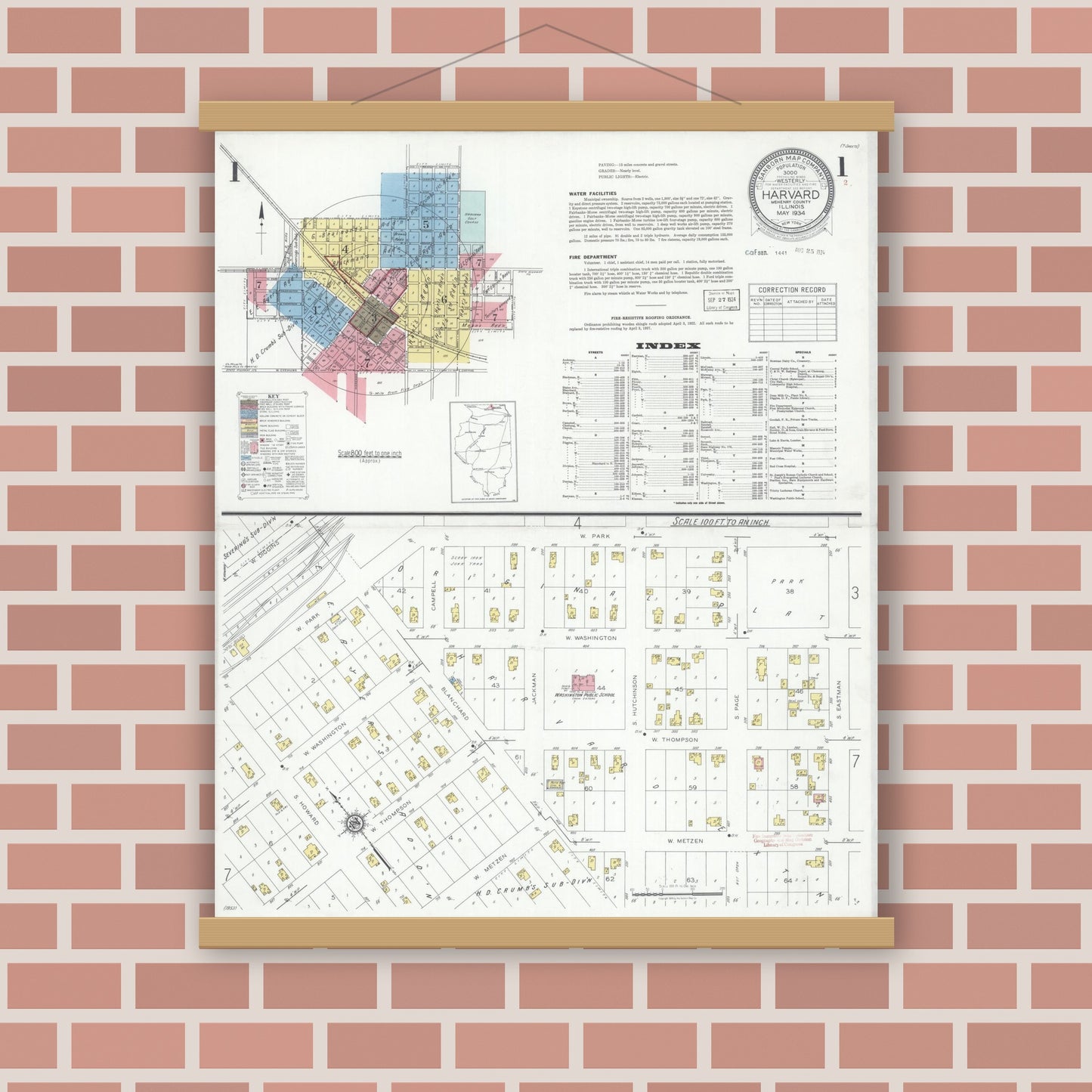 Old map wall art mockup — magnetic wood frame on brick wall — Sanborn Fire Insurance Map from Harvard, McHenry County, Illinois (1934), Sheet #0001