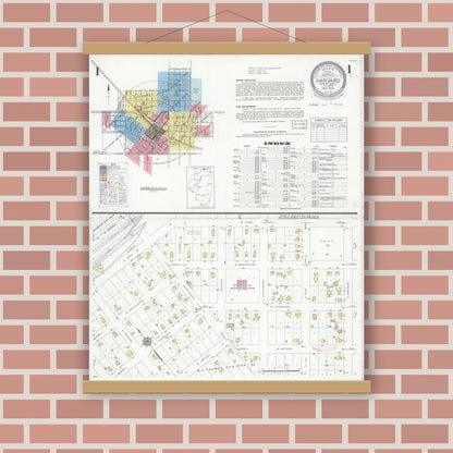 Old map wall art mockup — magnetic wood frame on brick wall — Sanborn Fire Insurance Map from Harvard, McHenry County, Illinois (1934), Sheet #0001
