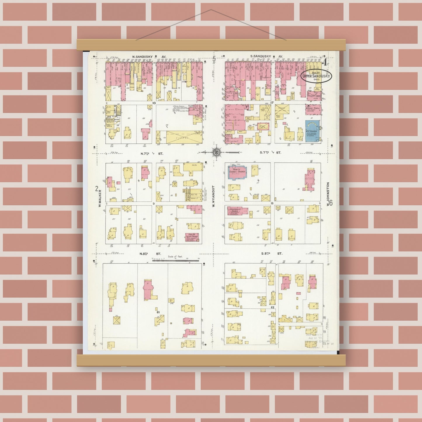 Old map wall art mockup — magnetic wood frame on brick wall — Sanborn Fire Insurance Map from Upper Sandusky, Wyandot County, Ohio (1911), Sheet #0004