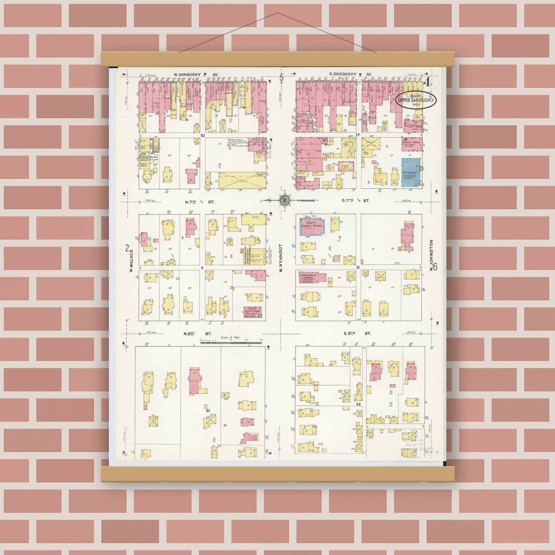 Old map wall art mockup — magnetic wood frame on brick wall — Sanborn Fire Insurance Map from Upper Sandusky, Wyandot County, Ohio (1911), Sheet #0004