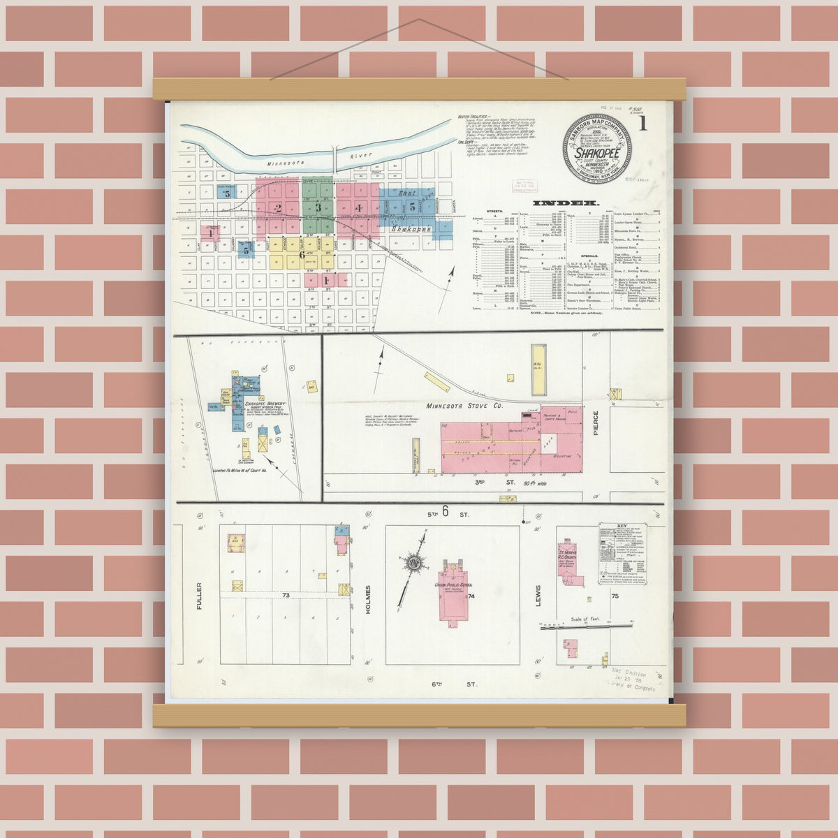 Old map wall art mockup — magnetic wood frame on brick wall — Sanborn Fire Insurance Map from Shakopee, Scott County, Minnesota (1910), Sheet #0001