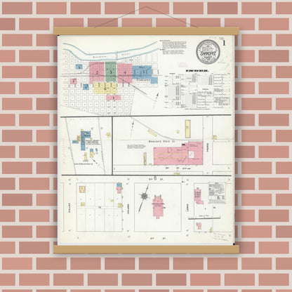 Old map wall art mockup — magnetic wood frame on brick wall — Sanborn Fire Insurance Map from Shakopee, Scott County, Minnesota (1910), Sheet #0001