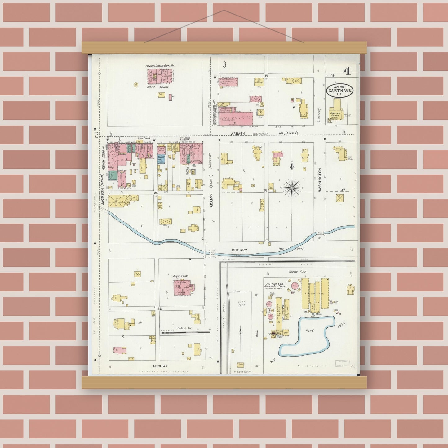 Old map wall art mockup — magnetic wood frame on brick wall — Sanborn Fire Insurance Map from Carthage, Hancock County, Illinois (1906), Sheet #0004