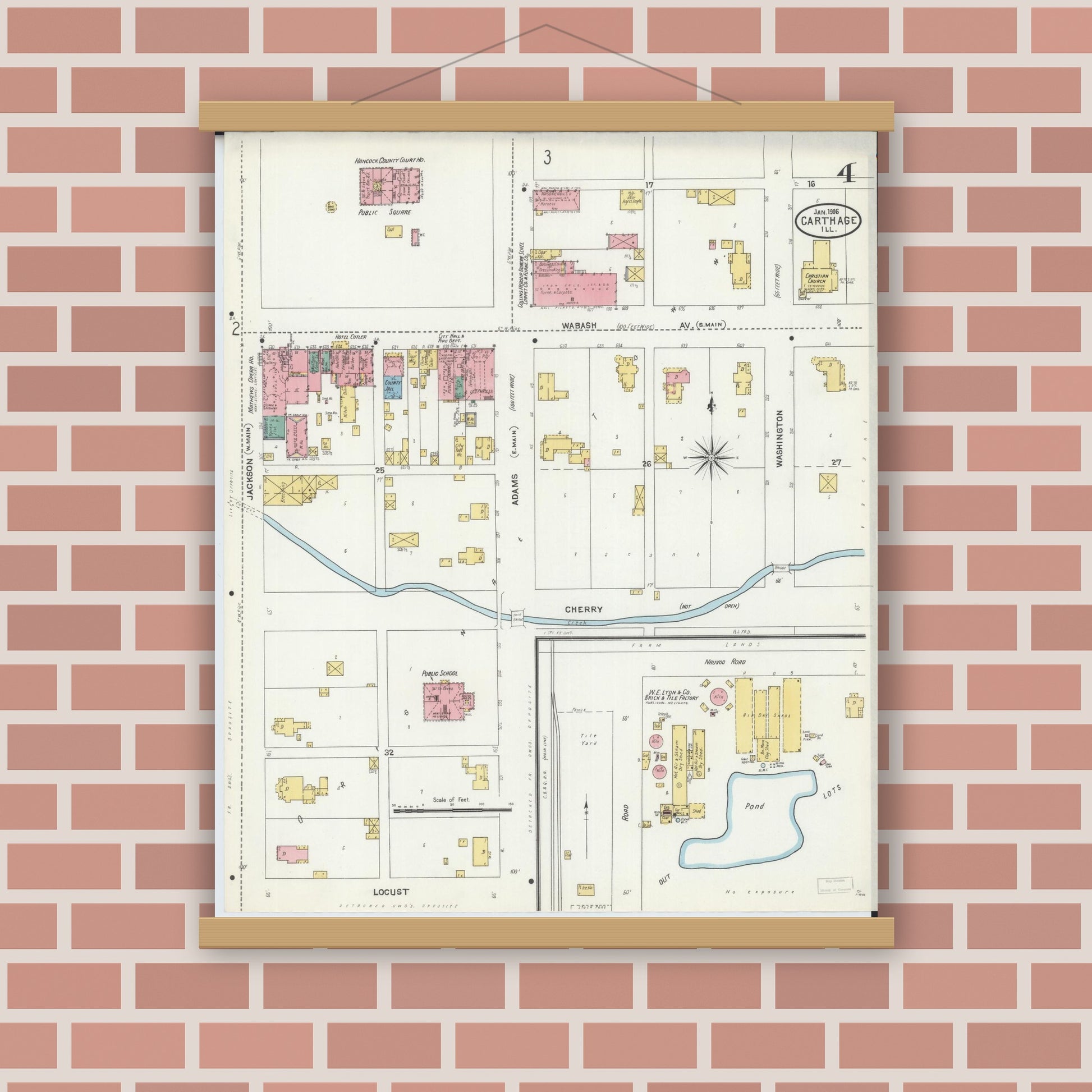 Old map wall art mockup — magnetic wood frame on brick wall — Sanborn Fire Insurance Map from Carthage, Hancock County, Illinois (1906), Sheet #0004