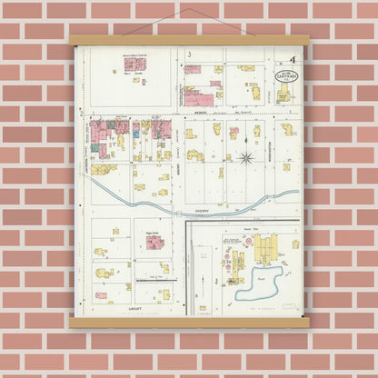 Old map wall art mockup — magnetic wood frame on brick wall — Sanborn Fire Insurance Map from Carthage, Hancock County, Illinois (1906), Sheet #0004
