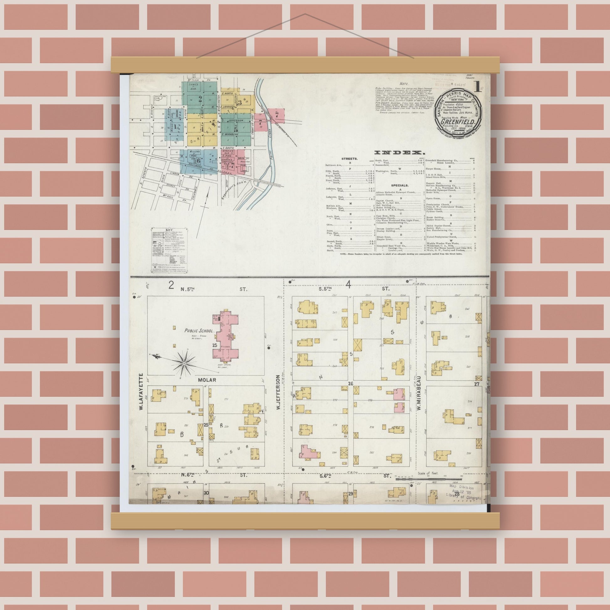 Old map wall art mockup — magnetic wood frame on brick wall — Sanborn Fire Insurance Map from Greenfield, Highland County, Ohio (1899) - Complete Map Set