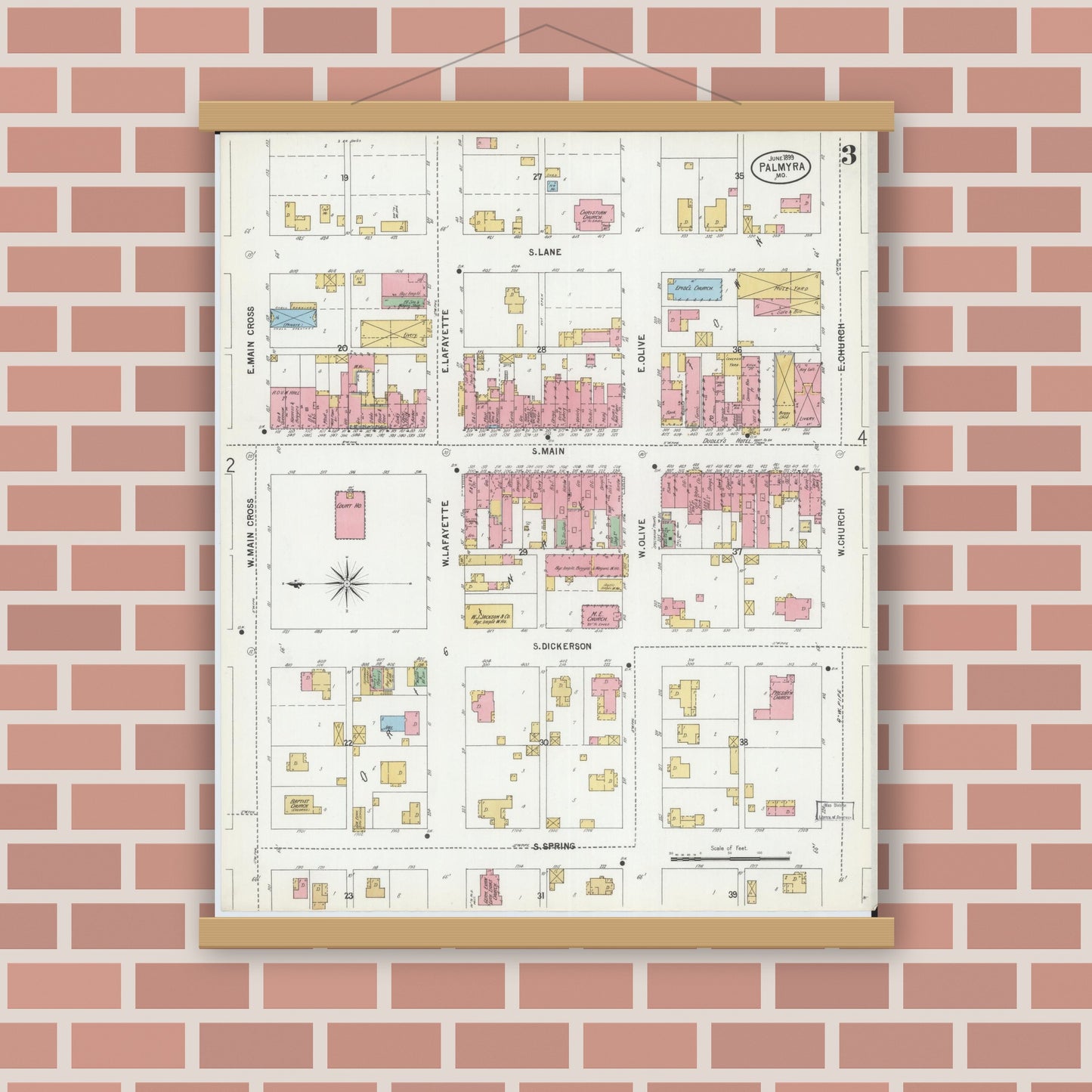 Old map wall art mockup — magnetic wood frame on brick wall — Sanborn Fire Insurance Map from Palmyra, Marion County, Missouri (1899), Sheet #0003