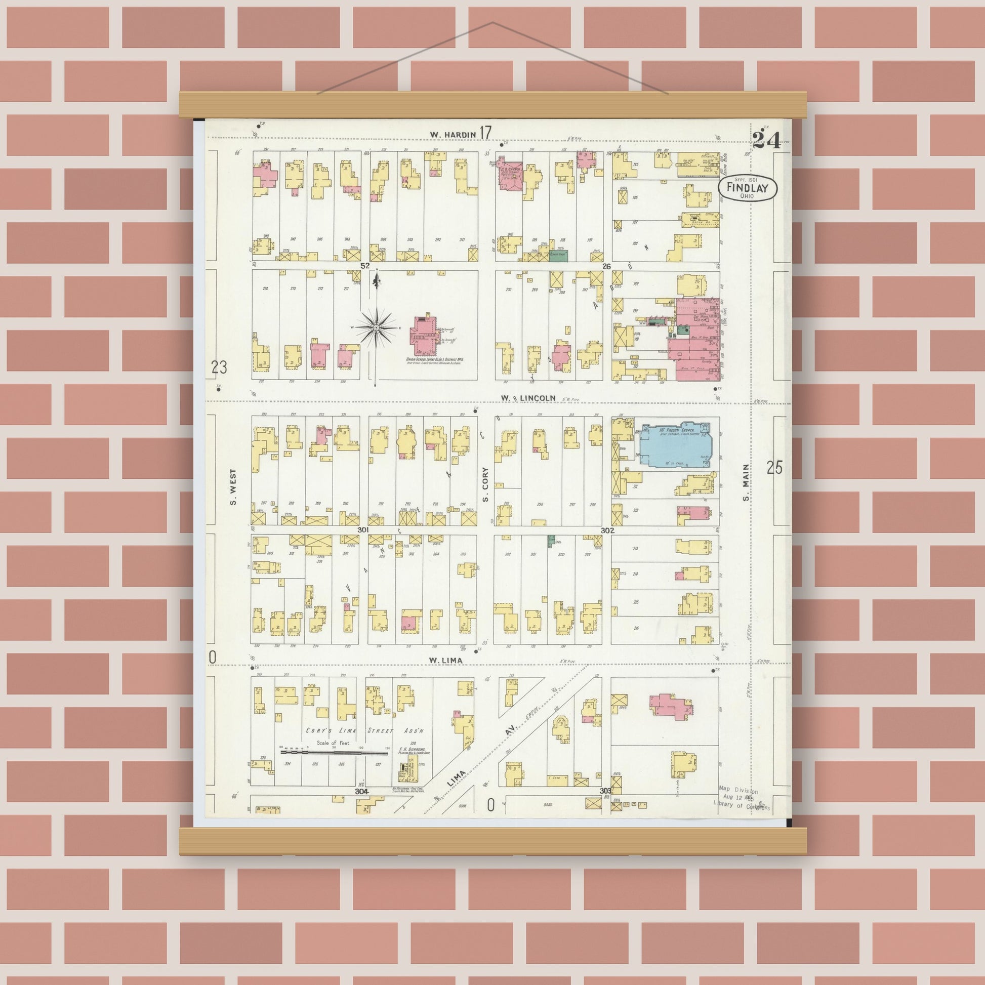 Old map wall art mockup — magnetic wood frame on brick wall — Sanborn Fire Insurance Map from Findlay, Hancock County, Ohio (1901), Sheet #0024