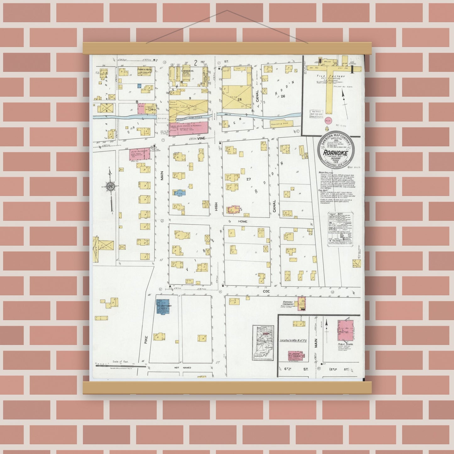 Old map wall art mockup — magnetic wood frame on brick wall — Sanborn Fire Insurance Map from Roanoke, Huntington County, Indiana (1919) - Complete Map Set