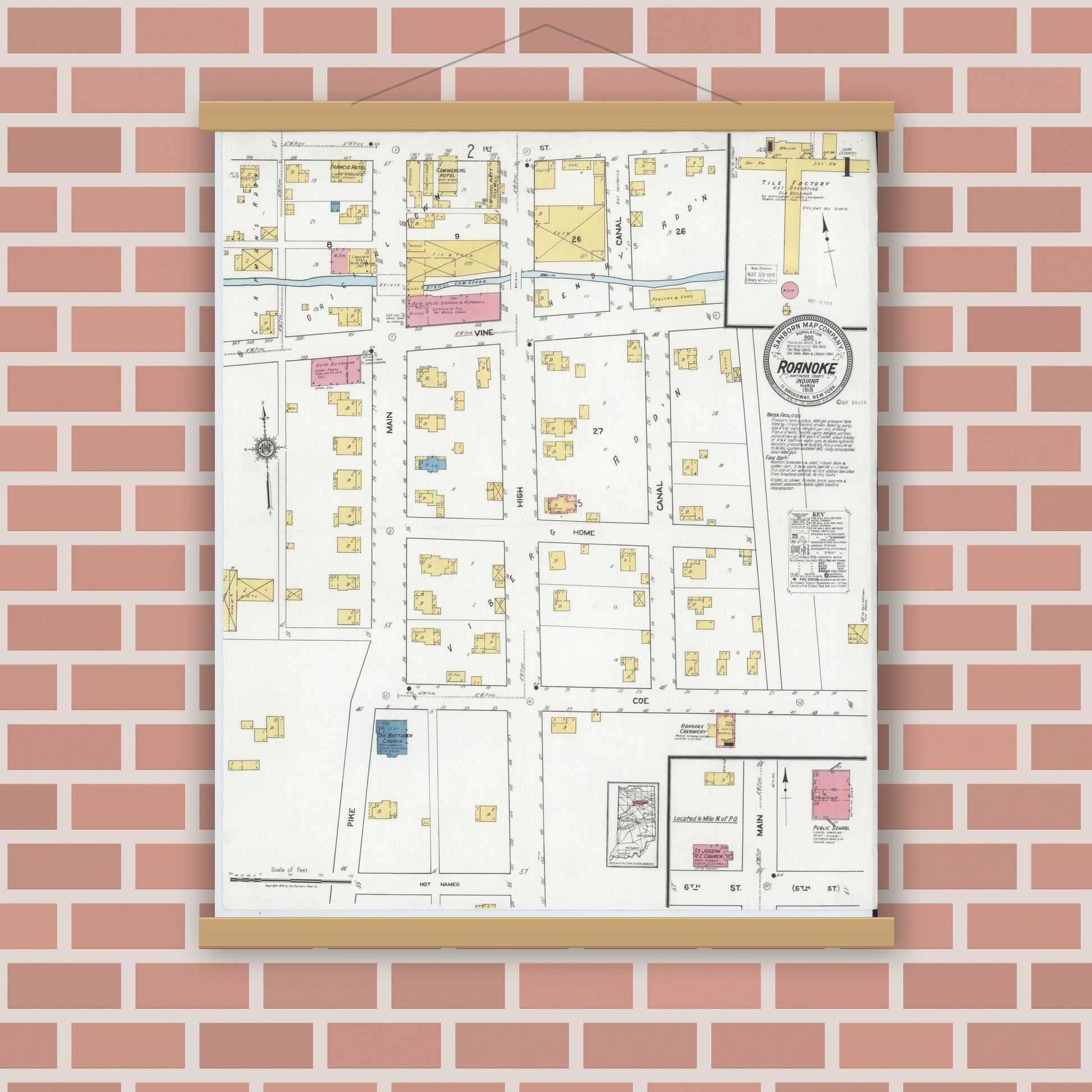 Old map wall art mockup — magnetic wood frame on brick wall — Sanborn Fire Insurance Map from Roanoke, Huntington County, Indiana (1919) - Complete Map Set