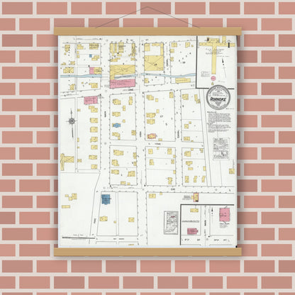 Old map wall art mockup — magnetic wood frame on brick wall — Sanborn Fire Insurance Map from Roanoke, Huntington County, Indiana (1919) - Complete Map Set
