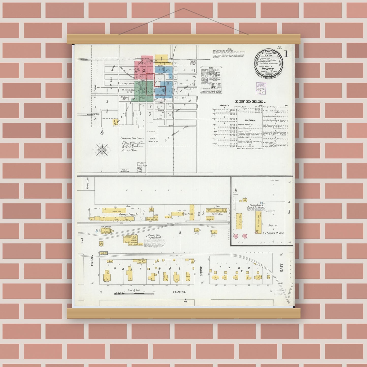 Old map wall art mockup — magnetic wood frame on brick wall — Sanborn Fire Insurance Map from Waverly, Morgan County, Illinois (1901), Sheet #0001
