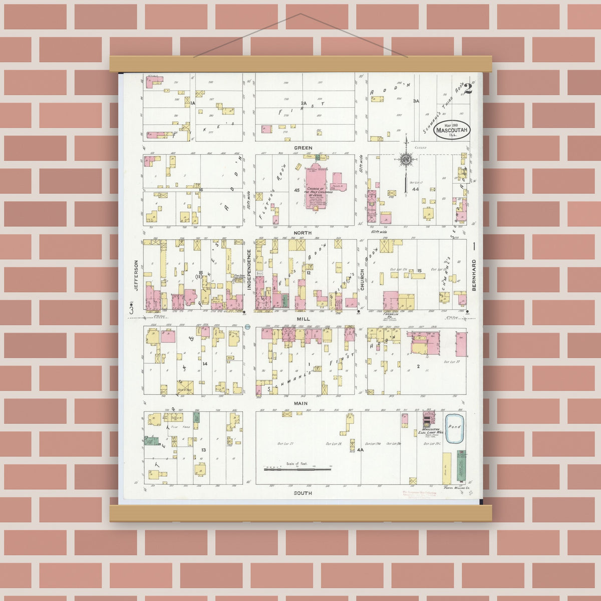 Old map wall art mockup — magnetic wood frame on brick wall — Sanborn Fire Insurance Map from Mascoutah, Saint Clair County, Illinois (1910), Sheet #0002