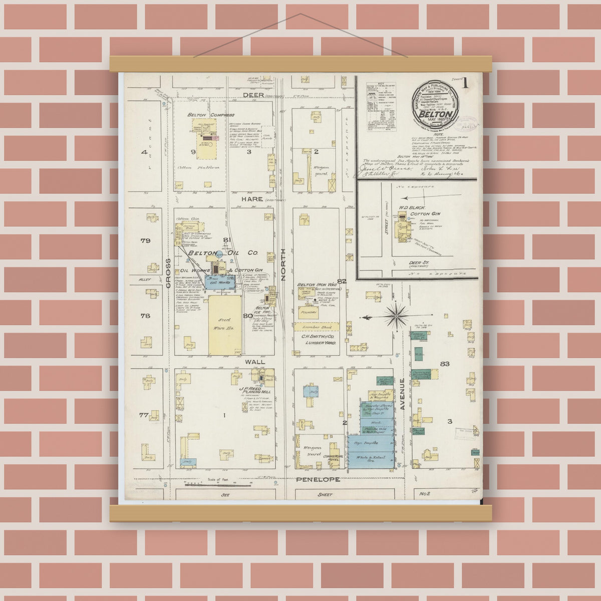 Old map wall art mockup — magnetic wood frame on brick wall — Sanborn Fire Insurance Map from Belton, Bell County, Texas (1885) - Complete Map Set