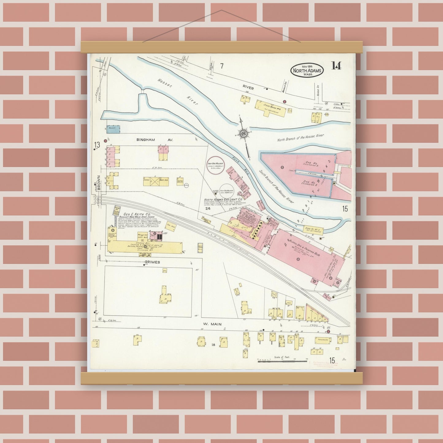 Old map wall art mockup — magnetic wood frame on brick wall — Sanborn Fire Insurance Map from North Adams, Berkshire County, Massachusetts (1914), Sheet #0014