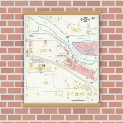 Old map wall art mockup — magnetic wood frame on brick wall — Sanborn Fire Insurance Map from North Adams, Berkshire County, Massachusetts (1914), Sheet #0014