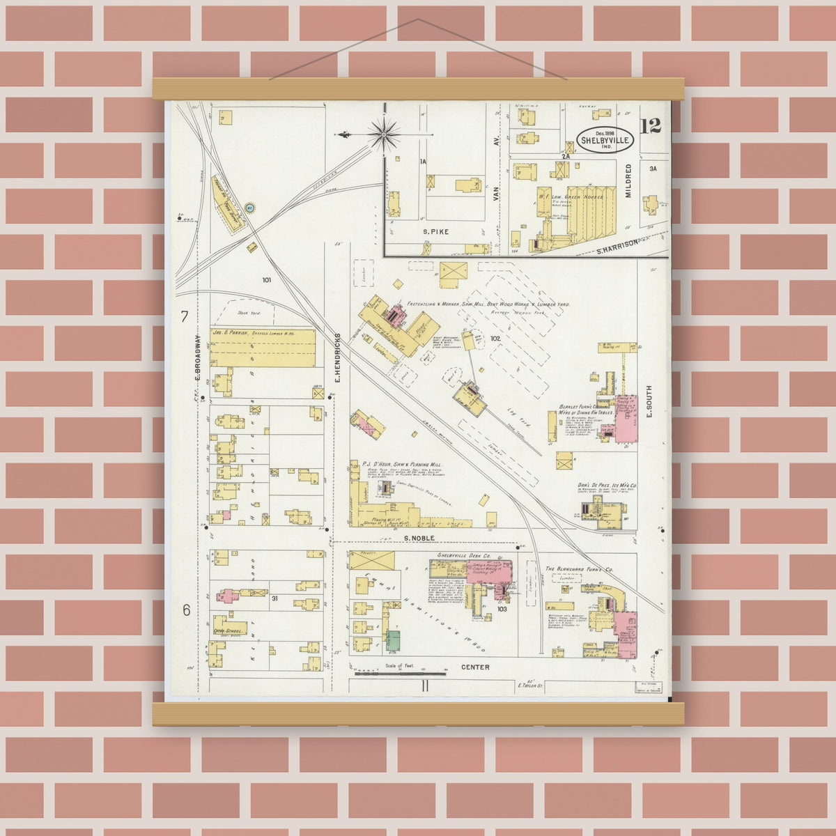 Old map wall art mockup — magnetic wood frame on brick wall — Sanborn Fire Insurance Map from Shelbyville, Shelby County, Indiana (1898), Sheet #0012