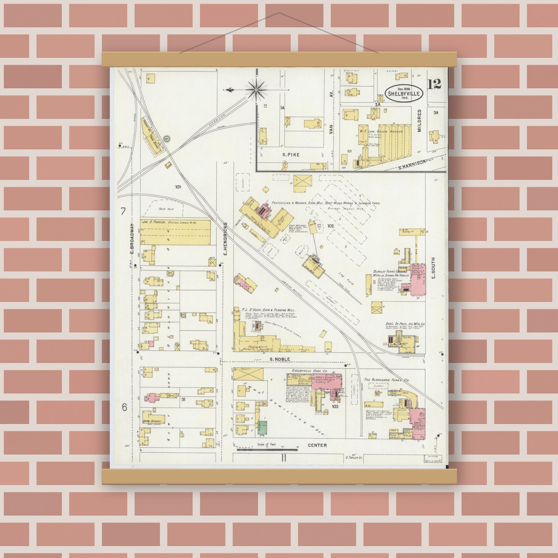 Old map wall art mockup — magnetic wood frame on brick wall — Sanborn Fire Insurance Map from Shelbyville, Shelby County, Indiana (1898), Sheet #0012