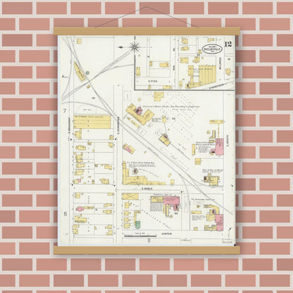 Old map wall art mockup — magnetic wood frame on brick wall — Sanborn Fire Insurance Map from Shelbyville, Shelby County, Indiana (1898), Sheet #0012