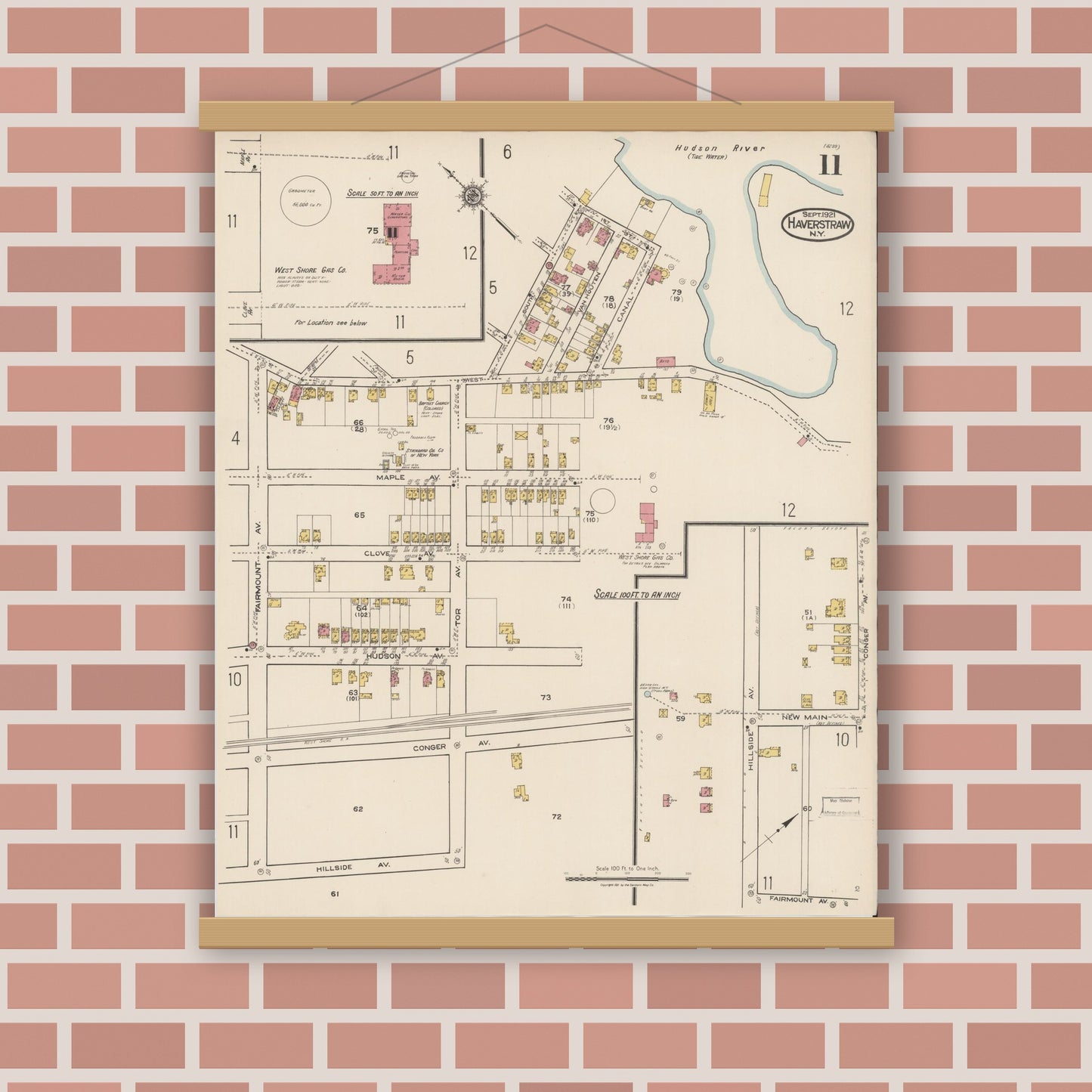 Old map wall art mockup — magnetic wood frame on brick wall — Sanborn Fire Insurance Map from Haverstraw, Rockland County, New York (1921), Sheet #0011
