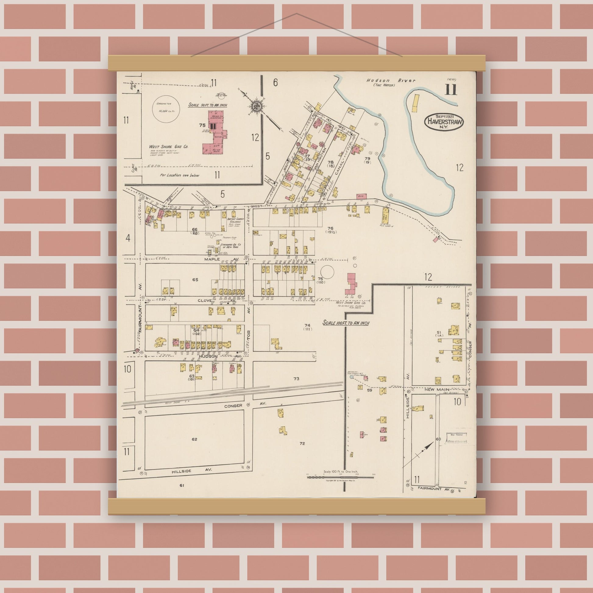 Old map wall art mockup — magnetic wood frame on brick wall — Sanborn Fire Insurance Map from Haverstraw, Rockland County, New York (1921), Sheet #0011