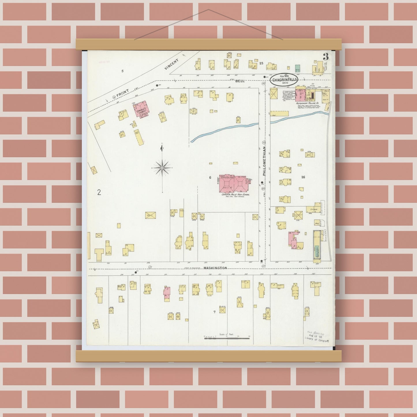 Old map wall art mockup — magnetic wood frame on brick wall — Sanborn Fire Insurance Map from Chagrin Falls, Cuyahoga County, Ohio (1899), Sheet #0003