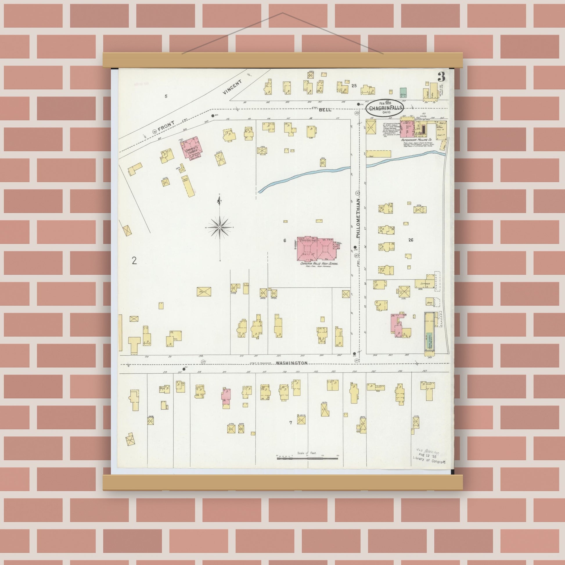 Old map wall art mockup — magnetic wood frame on brick wall — Sanborn Fire Insurance Map from Chagrin Falls, Cuyahoga County, Ohio (1899), Sheet #0003