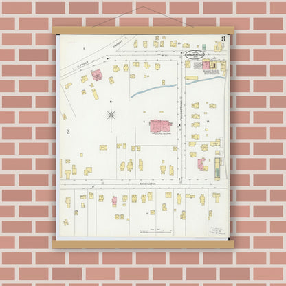 Old map wall art mockup — magnetic wood frame on brick wall — Sanborn Fire Insurance Map from Chagrin Falls, Cuyahoga County, Ohio (1899), Sheet #0003